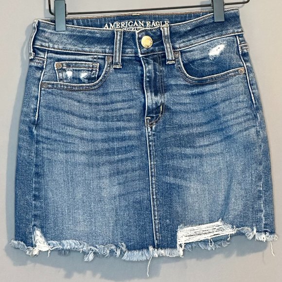 American Eagle Distressed Jean Skirt Super Stretch - Picture 1 of 7